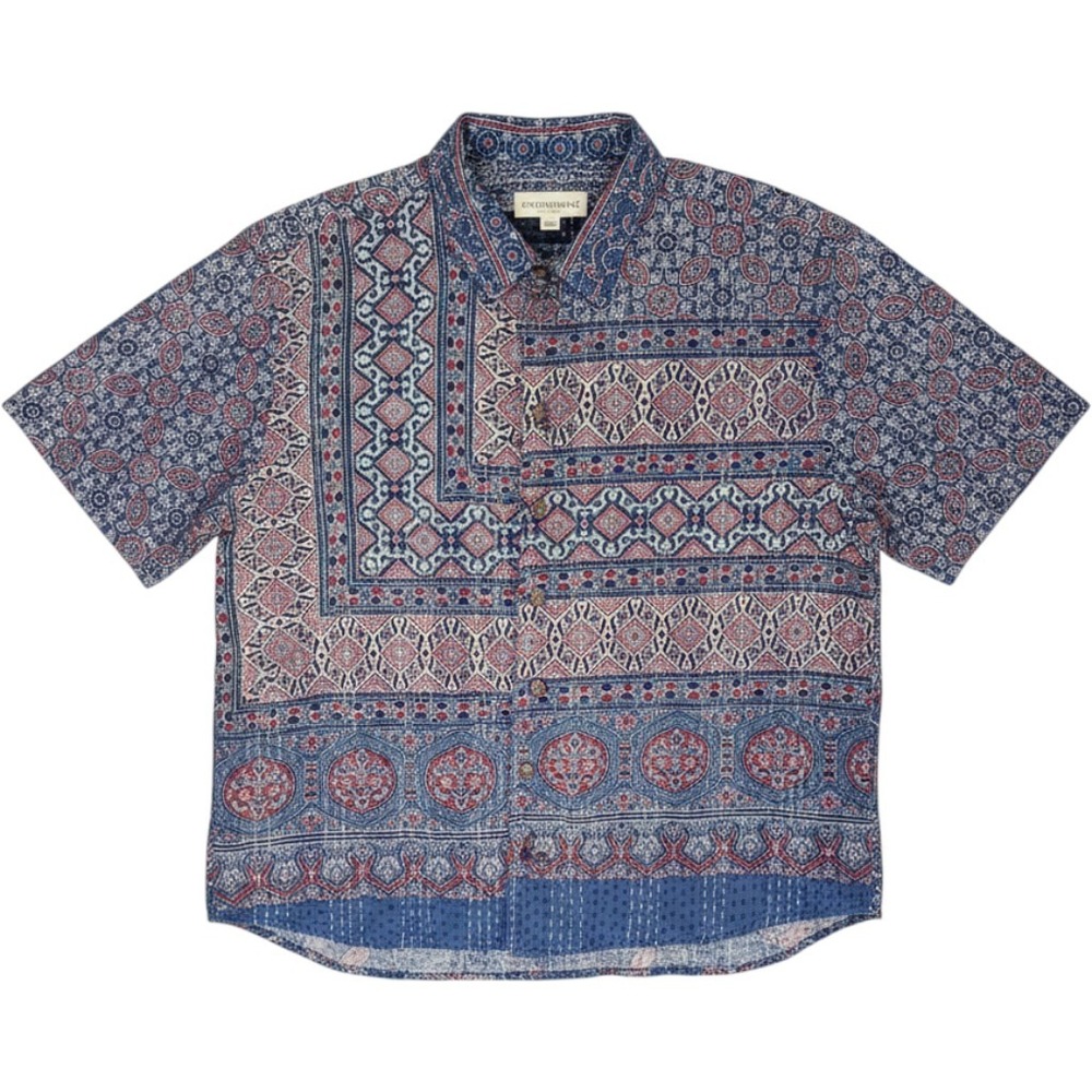 Earthbound Trading Co Mens XXL Kantha Stitch Cotton Button Down Shirt Blue Red